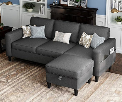 Sectional Sofas Couches for Living Room Convertible 3 Seater L Shaped Couch with Removable Storage Ottoman 78" Dark Grey Modern Linen Sofa for Apartments Studios Dorms Small Spaces