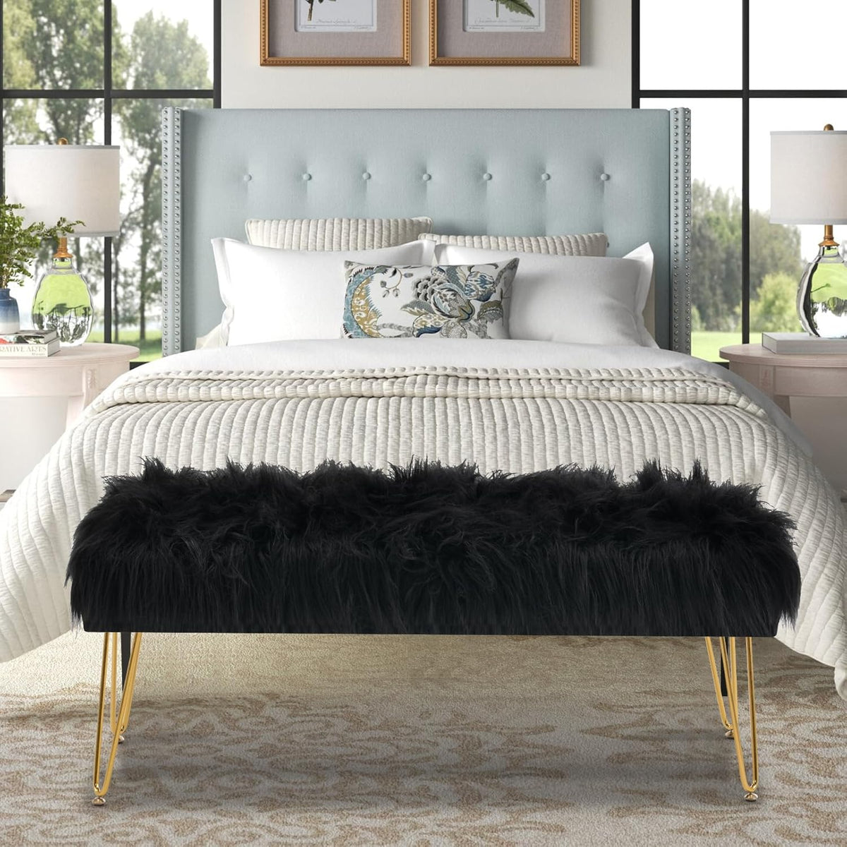 42.5 Inch Black Bedroom Bench, Benches for Bedroom White Faux Fur Upholstered Bed end Bench, Tufting Ottoman Bench Indoor Bench with Metal Legs for Living Room Bedroom Entryway, Black