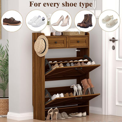 Shoe Cabinet with 2 Flip Drawers & 2 Storage Drawers, Rustic Farmhouse Narrow