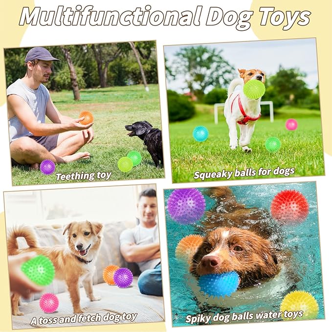 18 Pcs 3.5 in Squeaky Dog Toy Balls Dog Chew Toy for Teething Durable High Bounce TPR Fetch Spike Balls 9 Colors Water Toy for Small Medium Large Dog Aggressive Chewers Clean Teeth and Training