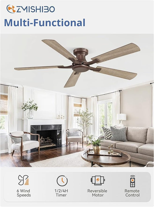 ZMISHIBO 52 Inch Ceiling Fan No Light, Flush Mount Low Profile, Farmhouse Brown