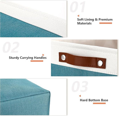 DULLEMELO Large Storage Basket, Collapsible Storage Bins Decorative Storage Baskets for Home Shelves Bedroom, Linen Fabric Basket with Leather Handles for Toys Books Organizing(White&Teal