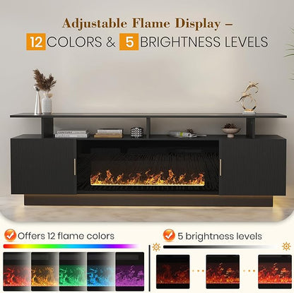 70” Fluted TV Stand with 36” Electric Fireplace, 2 Tier TV Console Cabinet with