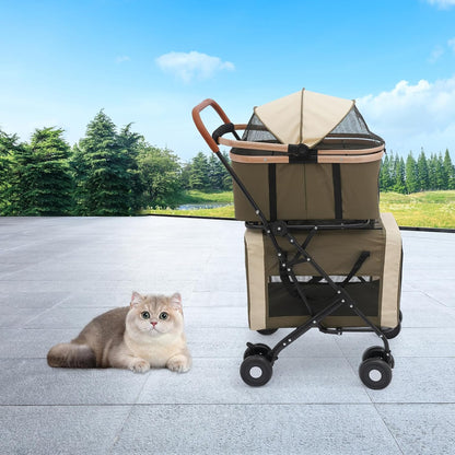 Foldable Pet Stroller for Small & Medium Dogs, Double Dog & Cat Stroller with 3-in-1 Travel System, Detachable Pet Carrier with Wheels for Cats and Dogs up to 77 lbs, Dark Green