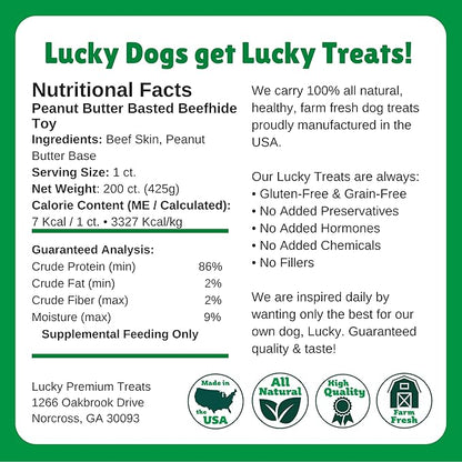 Lucky Premium Treats Peanut Butter Basted Rawhide – All-Natural Rawhide and Peanut Butter Dog Treats for Extra Small Dogs, Gluten Free Premium Toy Breed Dog Treats (200 Chews)