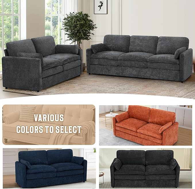 69" Chenille Modern Couch with Cozy & Soft Backrests, 2 Seats Sofa with 2 Extra Pillows, Comfy Upholstered Sofa with Thicker Cushions for Living Room, Office, Grey