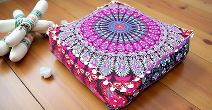 CRAFT KALA Pink Peacock Large Hippie Mandala Meditation Floor Ottoman Pillow Cushion Pouf Cover Square Poufs Bohemian Circle Floor Cushion Case Outdoor Fireplace Living Room Decor Cover 18" Square