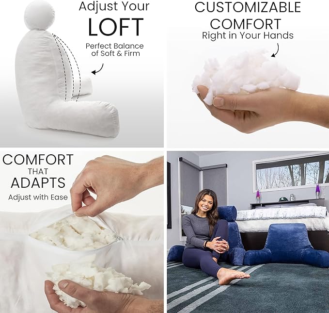 Husband Pillow Dark Blue, Original Reading Pillow in Bed Rest Chair, Shredded Memory Foam Large Lounge Cushion Adult Backrest with Arms, Comfy Back Support for Sit Sitting Up, Wash/Removable Cover