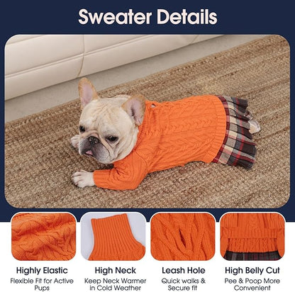 IECOii XL Dog Sweater Dress for Large Dogs Girl, Cable Knit Winter Dress for Female Dogs, Orange, XLarge, Soft Girl Dog Sweater with Tartan Plaid Skirt Cute Turtleneck Knitwear for Cold Weather