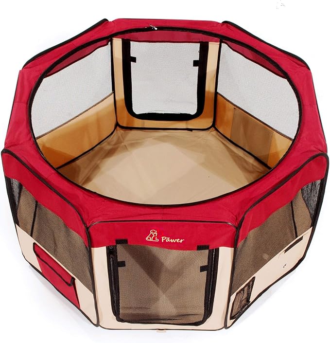 Pawer 36”×18.5” 8-Panel Foldable Pet Playpen, for Small Medium Cat/Dog/Puppy, Burgundy+Beige, 600D Oxford Cloth Portable Indoor & Outdoor Kennel with Carry Bag, Multiple Sizes & Colors Available