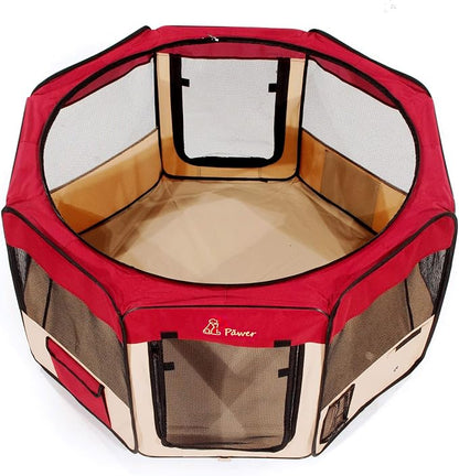 Pawer 36”×18.5” 8-Panel Foldable Pet Playpen, for Small Medium Cat/Dog/Puppy, Burgundy+Beige, 600D Oxford Cloth Portable Indoor & Outdoor Kennel with Carry Bag, Multiple Sizes & Colors Available