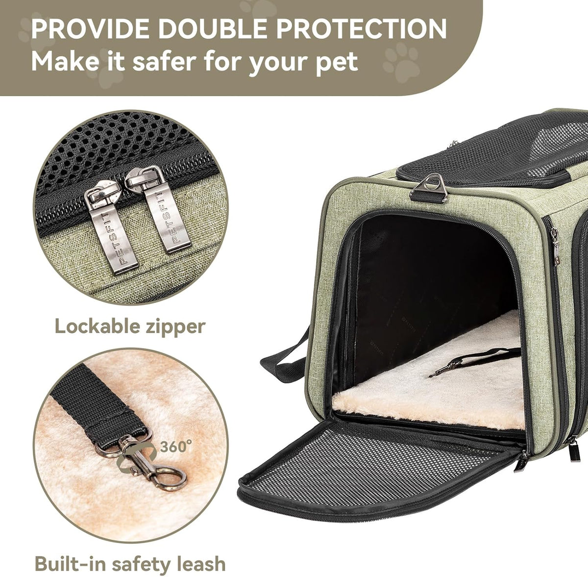 Petsfit Expandable Rabbit Carrier Bunny Carriers, 16 Inch Airline Approved Pet Carrier with 2 Extensions, Soft Washable Cushion, Self-Locking Zipper Head, Built-in Safety Rope, Fit for Travel