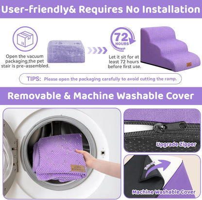 Dog Ramp and Stair for Bed 16" H-20 H,3-Step Cat Stair for Sofa and Chair,4-Step Dog Ramp for High Bed and Window,Durable Nonslip Fabric Stair for Indoor (Purple-16 H, Pet Friendly, 3)