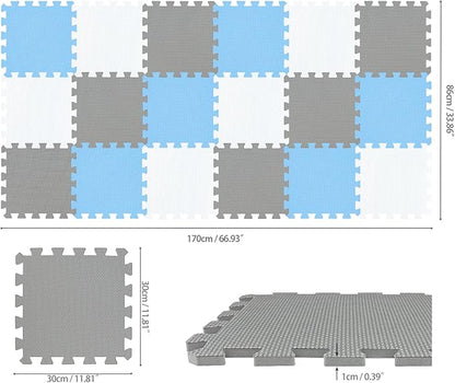 qqpp EVA Rubber 18 Tiles Interlocking Puzzle Foam Floor Mats - Baby Play Mat for Playing | Exercise Mat for Home Workout. White, Blue, Gray. QC-AGLb18N