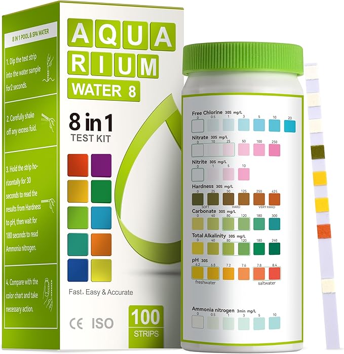 AAwipes Aquarium Ammonia Test Strips 8-in-1 |100 Strips | Quick & Accurate Water Testing for Freshwater & Saltwater Tanks -Test pH, Carbonate, Alkalinity, Hardness, Chlorine, Nitrite, etc. (K02-100)