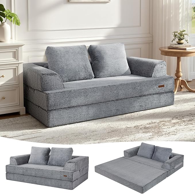 COMAX Convertible Sofa Bed, Folding Floor Couch Corduroy Fold Out Couch Bed Futon Sleeper Mattress with Pillows, Boneless Sofa Comfy Lounge Loveseat for Living Room Bedroom, Snow Grey