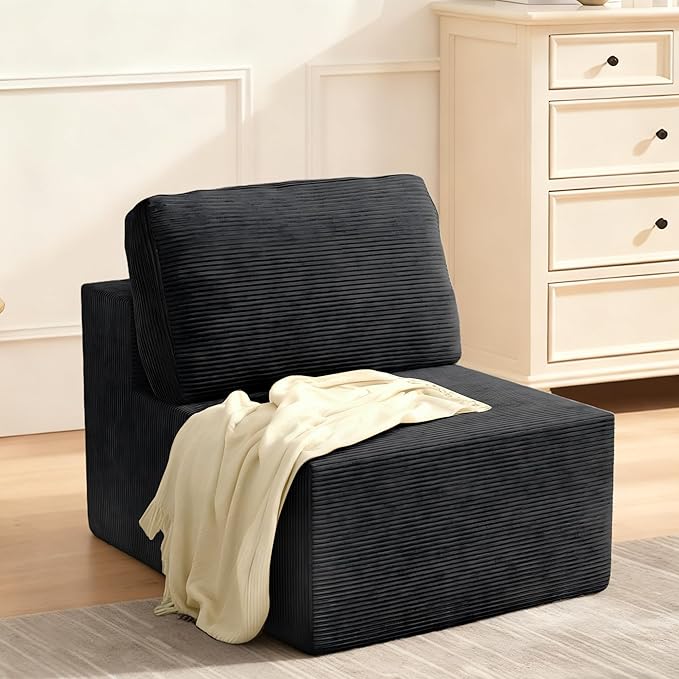 30" Modular Upholstered Foam Couch, Upholstered Floor Sofa Couch with Pillow, Bean Bag Chair for Bedroom Living Room, No Assembly Required (Corduroy Fabric, Black)