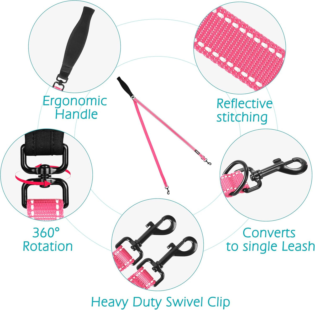 PetBonus Two Point Control Dog Leash, Works with No Pull Harnesses, No Tangle Training Leashes, Soft Padded and Reflective Walking Lead, Converts to Single Lead for Medium Large Dogs (Pink)