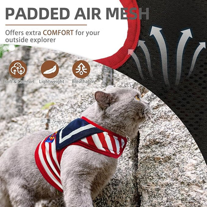 PUPTECK Soft Mesh Cat Vest Harness and Leash Set Puppy Padded Pet Harnesses Escape Proof for Cats Small Dogs Rabbits Bunny, Navy Red, L