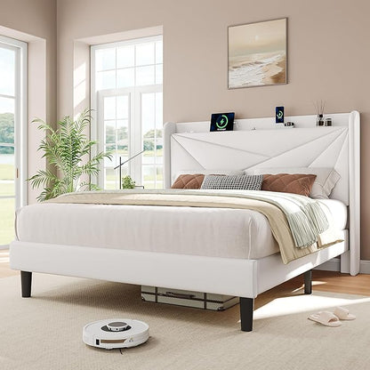 iPormis Queen Size Bed Frame with Charging Station, Velvet Platform Bed Frame with Wingback Upholstered Headboard, Solid Wood Slats Support, No Box Spring Needed, Easy Assembly, White