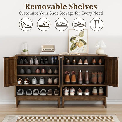 Shoe Cabinet with Slatted Doors, 4 Tier Freestanding Shoe Cabinet Storage