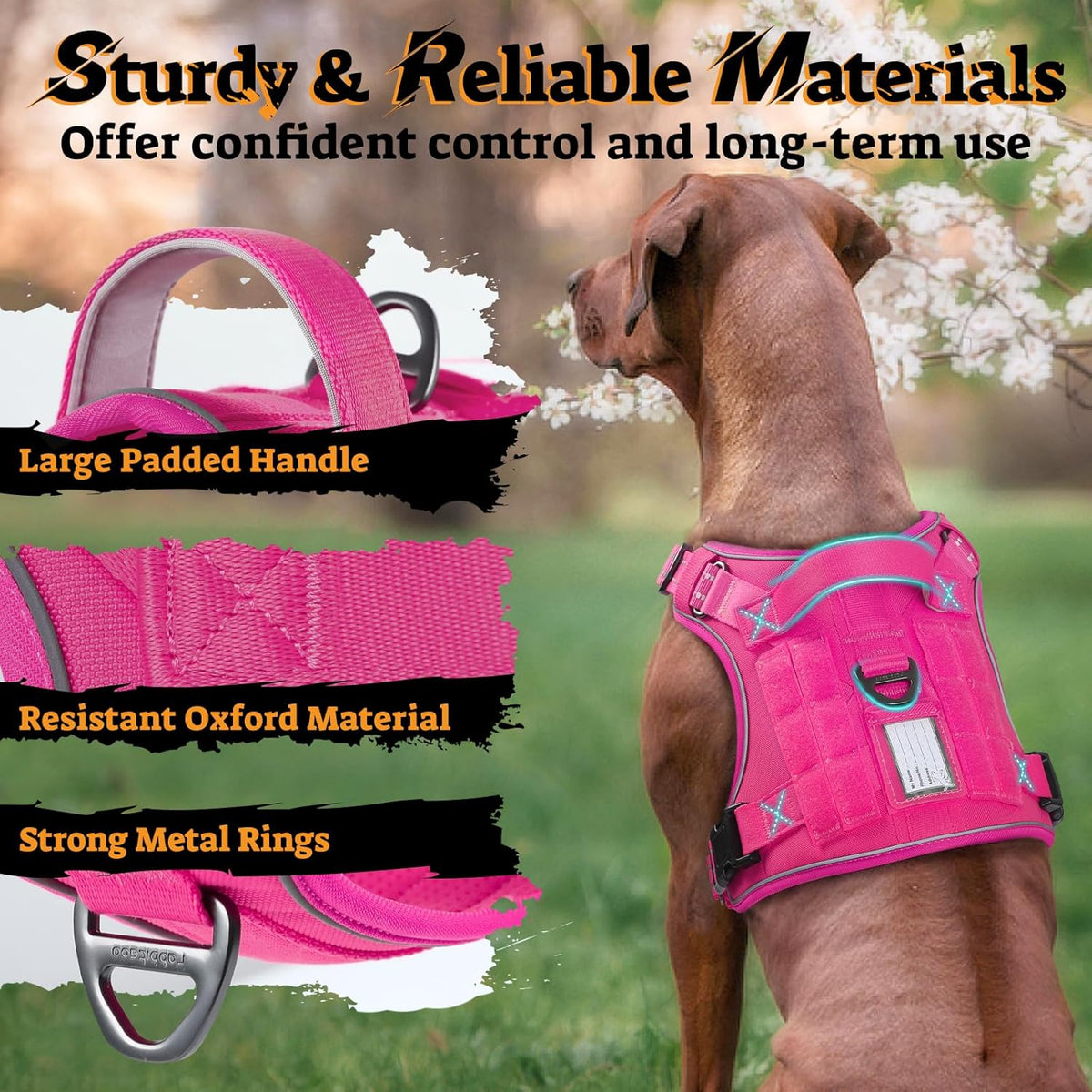 rabbitgoo Dog Harness for Large Dogs No Pull, Tactical Service Pet Vest with Molle and Control Handle, Adjustable and Reflective Military Harness for Easy Walking and Training, Rose Red, L