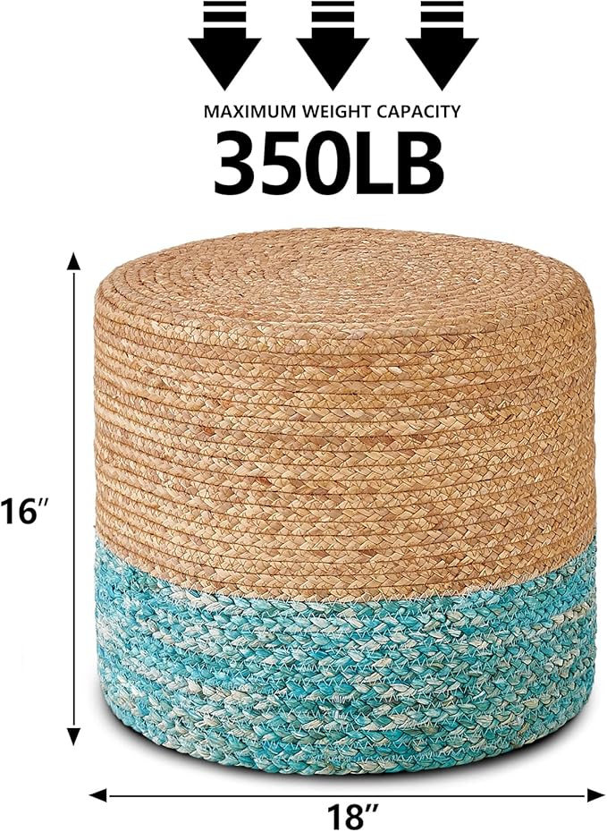 Wimarsbon 18'' Ottoman Pouf, Natural Braided Poof, Rustic Handweave Lounge Pouffe, Boho Footrest Stool for Bedroom, Accent Table for Living Room (Natural Water Hyacinth + Lake Blue Corn Husk)