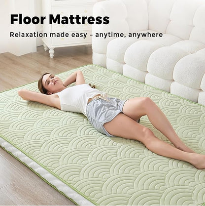 Zelladorra Japanese Floor Mattress, Quilted Futon Mattress with Anti-Slip Bottom, Foldable Floor Bed with Storage Bag and Straps, (Green, Queen)