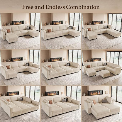 88.6" Modular Sectional Sofa with Deep Storage Seat,6 Seat Corduroy Sectional Couch Convertible Modular Sleeper Sofa Couch with Movable Ottoman Chaise,Sectional Couches for Living Room,Beige