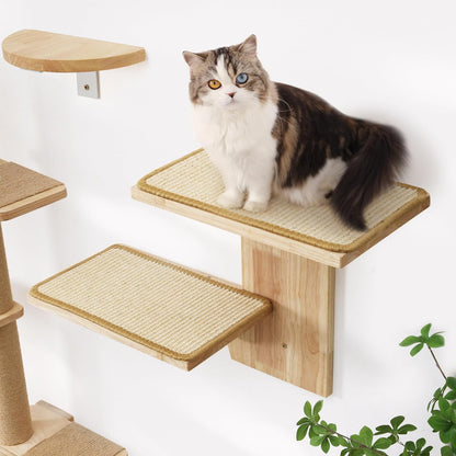FUKUMARU Cat Wall Shelves, 2 Platform Kitten Wall Furniture, Tree Shape Wall-Mounted Floating Shelf with Sisal Mat, Solid Rubber Wood Cats Perch for 16 Inch Drywall, Suitable for Climb, Play, Nap