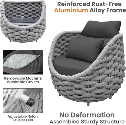 Erotr 4 Pieces Courtyard Seating Set: Aluminum Woven Rope Patio Furniture Chair Set - All Weather Metal Outdoor Conversation Set - Assembled Armchair w/Table for Bistro Deck Porch Balcony Pool Hotel