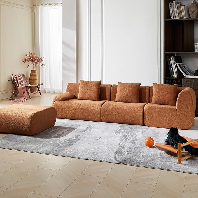 118" Modular Sectional Sofa with Movable Ottoman, 3-Seater Modern Teddy Velvet L-Shaped Couch, Convertible Cloud Sofa for Living Room, Sectional Boneless Couch