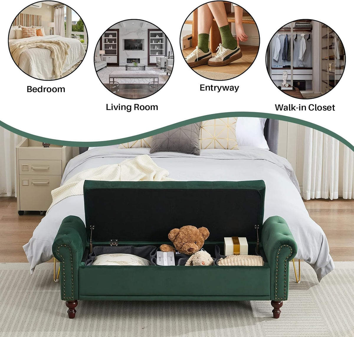 58.1'' Storage Bench Upholstered Velvet End of Bedroom Bed Bench Ottoman with Tufted Cushioned Rolled Arm Large Storage Space for Reading Living Room Entryway,Dark Green