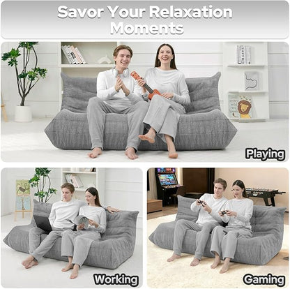 HABUTWAY Bean Bag Chairs Fireside Lazy Floor Sofa, Soft Teddy Fleece 3 Seater Sofa with High-Resilience Foam Filling，Beanbag for Living Room, Bedroom, Office (Light Gray Teddy)