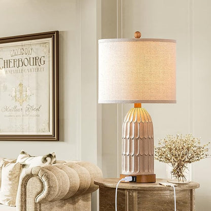Boho Table Lamps Set of 2, Farmhouse 3-Way Dimmable Touch Nightstand Lamp with 2 USB Charging Ports, White Vintage Bedside Lamp for Bedroom Living Room End Table (Bulbs Included)