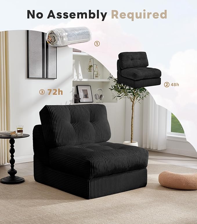 Tbfit Folding Sofa Bed, Convertible Sleeper Chair with Large Pillow, Corduroy Folding Couch Bed, Portable & Foldable Mattress Boneless Floor Sofa for Living Room, Bedroom, Office, Black, Single