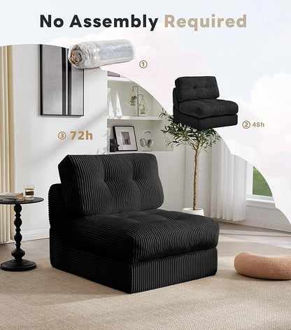 Tbfit Folding Sofa Bed, Convertible Sleeper Chair with Large Pillow, Corduroy Folding Couch Bed, Portable & Foldable Mattress Boneless Floor Sofa for Living Room, Bedroom, Office, Black, Single