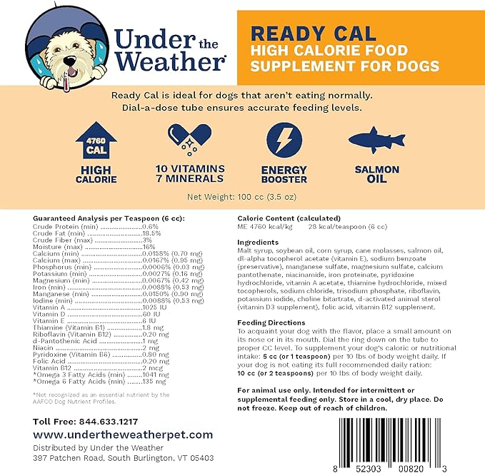 Under the Weather Pet | Ready Cal for Dogs 100cc | High Calorie Supplement | Weight Gainer and High Calorie Booster | 10 Vitamins, 7 Minerals & Omega Fatty Acids