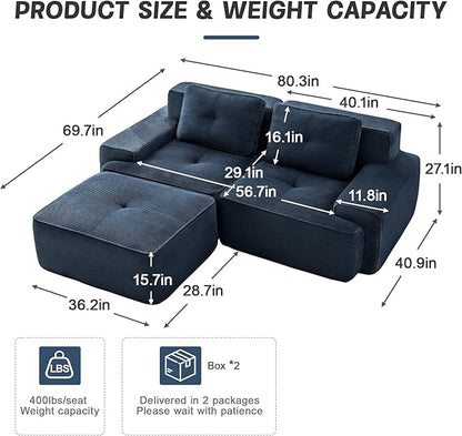 80" Modern Corduroy Boneless Love Seat Couches with 1 Ottoman, 2 Seater Large Sectional Couches for Living Room, Blue Cloud Modular Sectional Sofa, Memory Foam, Extra Deep Loveseat, No Assembly