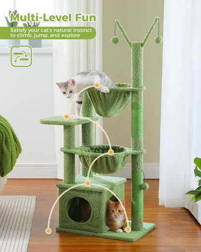 Cactus Cat Tree, 47.6" Cat Tower with 2 Metal Frame Hammock, Cat Scratching Post for Indoor Cats with 2 Removable Pompom Sticks for Kittens, Green
