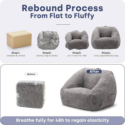 SUNBURY 47.2" Length L-Shaped Bean Bag Chair with Arms, Memory Foam Filled Floor Sofa with Handle & Side Pocket, Plush Faux Fur Chair for Adults, Living Room & Game Room (Gray)