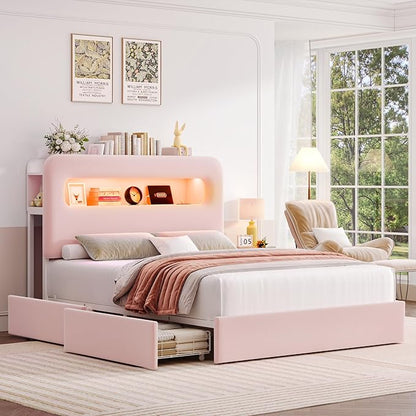 HOSTACK Full LED Bed Frame with Storage Headboard and Charging Station, Girls Bed Frame with 4 Drawers and USB Ports, Velvet Upholstered Platform Bed Frame with Bookcase, No Box Spring Needed, Pink