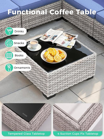 13 Piece Outdoor Wicker Rattan Sectional Sofa Set with 55,000 BTU Fire Pit Table, 10-Seats with 4" Thickened Cushions & Coffee Table, All-Weather PE Rattan for Garden, Backyard, Porch, Blue