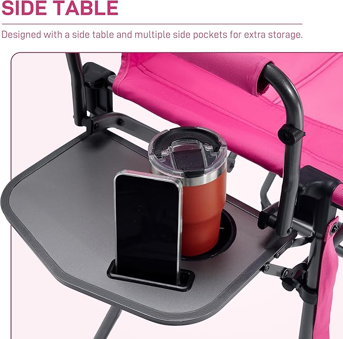 EVER ADVANCED Portable 30.7" Seat Height Tall Folding Camping Chair Directors Chair High Foldable Bar Stool with Side Table for Makeup Artist, Sports Event, Craft Show, Supports 350LBS Pink