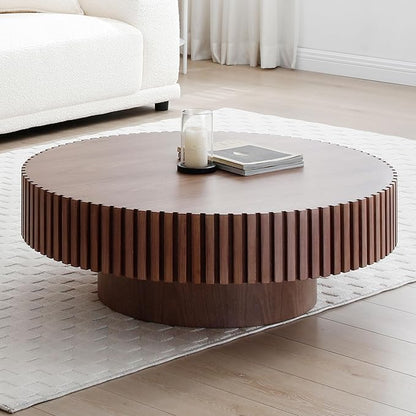 35.43''/90CM Round Wood Coffee Table for Living Room, Modern Handcraft Drum Coffee Table, Circle Wooden Tea Table for Small Space Apartment (Walnut, Ø35.43 x 13.77)