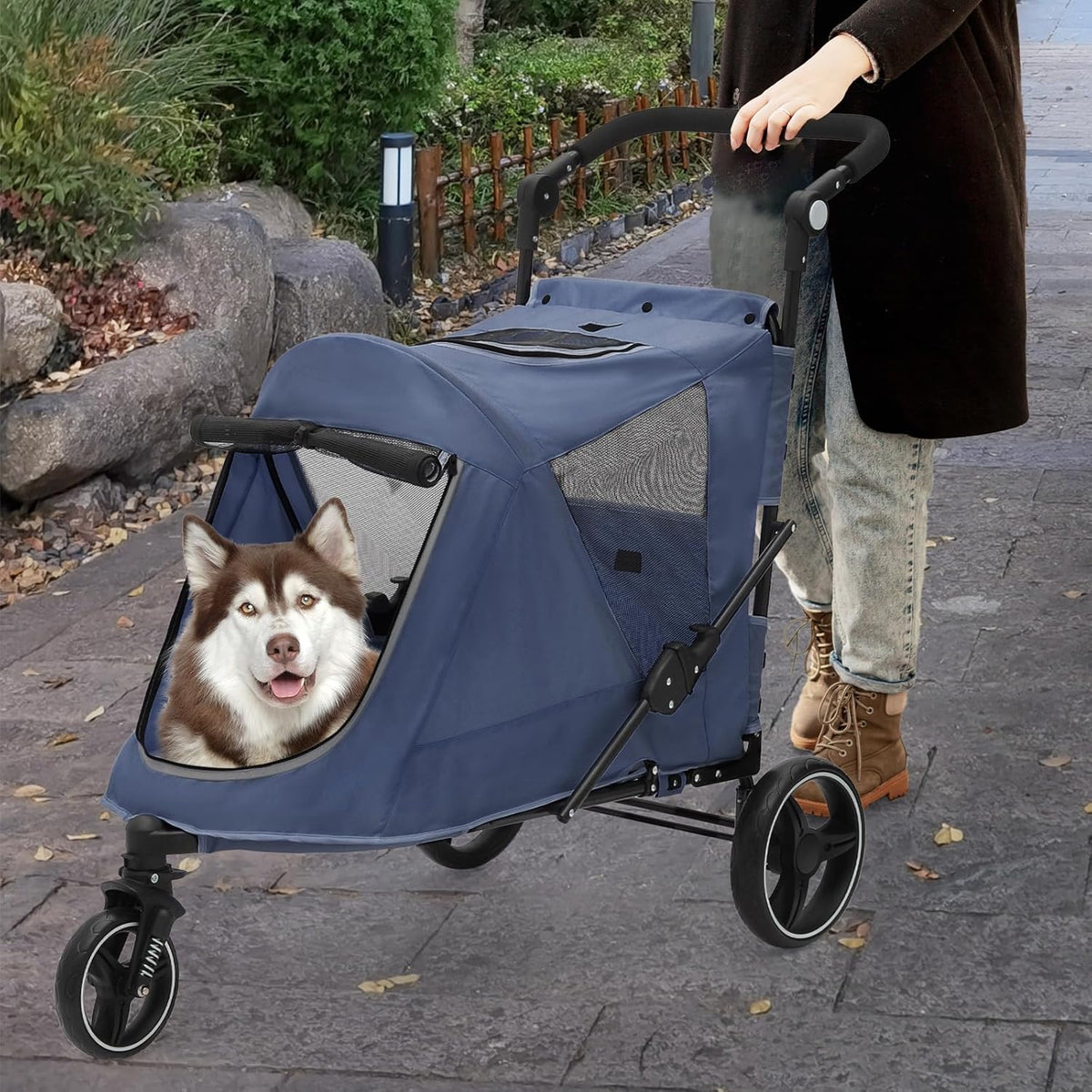 Athena Collection 3 Wheels Pet Stroller Fabric Dog Cart Dog Stroller for Large Dogs 55 Lbs Pet Stroller with Mesh Windows, Zipper Back Pocket, Safety Tether, Angle Adjustable Handlebar, Navy Blue