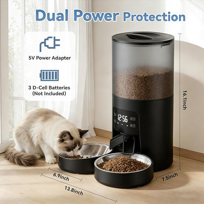 DUMOS 6L Automatic Cat Feeder for 2 Cats, Timed Pet Food Dispenser, Black | 2 Stainless Bowls, 10s Voice Call, Dual Power Supply, 6 Meals Per Day, 50 Portions Per Meal, Dual Pet Feeder for Cat and Dog