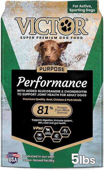 VICTOR Super Premium Dog Food – Performance Dry Dog Food from Beef, Chicken and Pork Meal – 26% Protein for Active Adult Dogs – Includes Glucosamine and Chondroitin for Hip and Joint Health, 5lbs