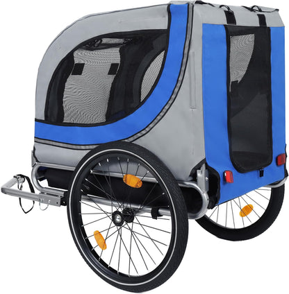 Blue-Grey Large Folding Bike Trailer for Dogs – Heavy-Duty Steel Frame, 66LB Capacity Pet Carrier for All-Terrain Cycling, Jogging & Camping Adventures!