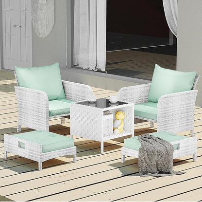 LEVELEVE Balcony Furniture 5 Piece Patio Conversation Set, PE Wicker Rattan Outdoor Lounge Chairs with Soft Cushions 2 Ottoman&Glass Table for Porch, Lawn-Grey Wicker